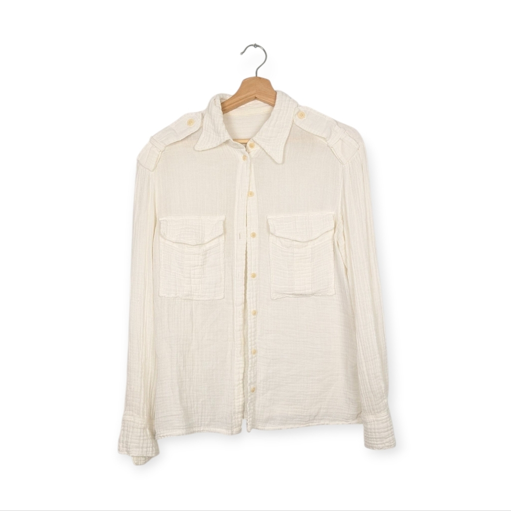 Raquel Allegra White Gauze Utilitarian Long Sleeve Button Down Top Size S